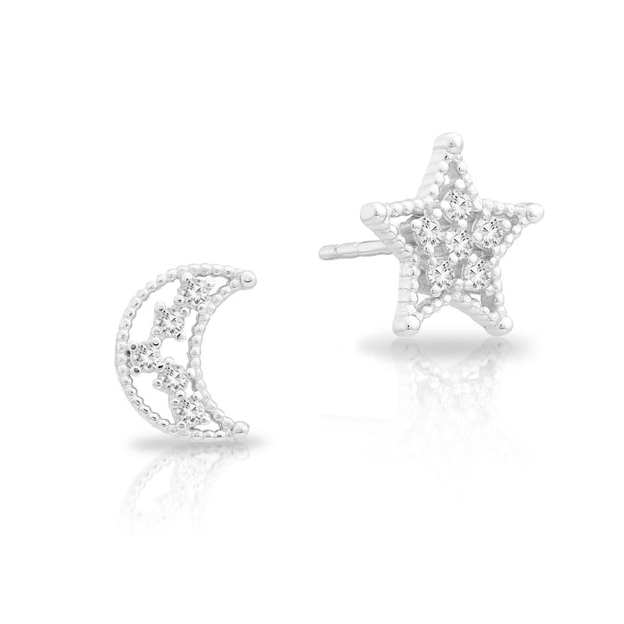 Sterling Silver CZ Star & Moon Stud Earring