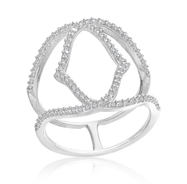 Sterling Silver Double Band Crossover Open Ring Two-linked Cz Bracket ring