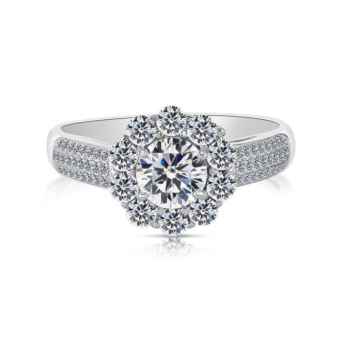 Sterling Silver Flower Halo Engagement Ring with Simulated Diamond