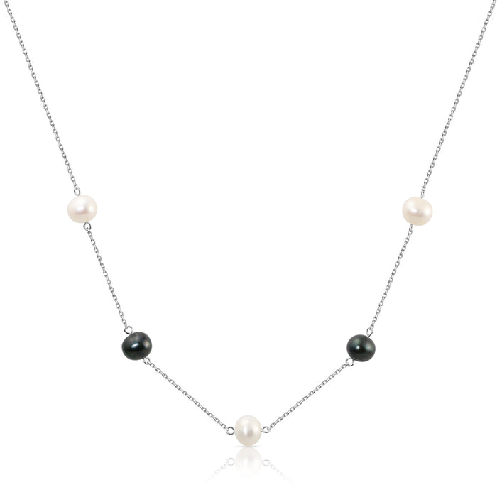 Sterling Silver Black and White Freshwater Cultured Pearl Station Necklace