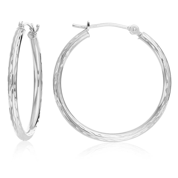 14k White Gold Diamond-Cut Hoop Earrings