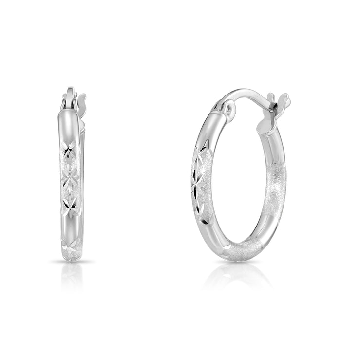 925 Sterling Silver Fancy Flower Diamond Cut Hoop Earrings