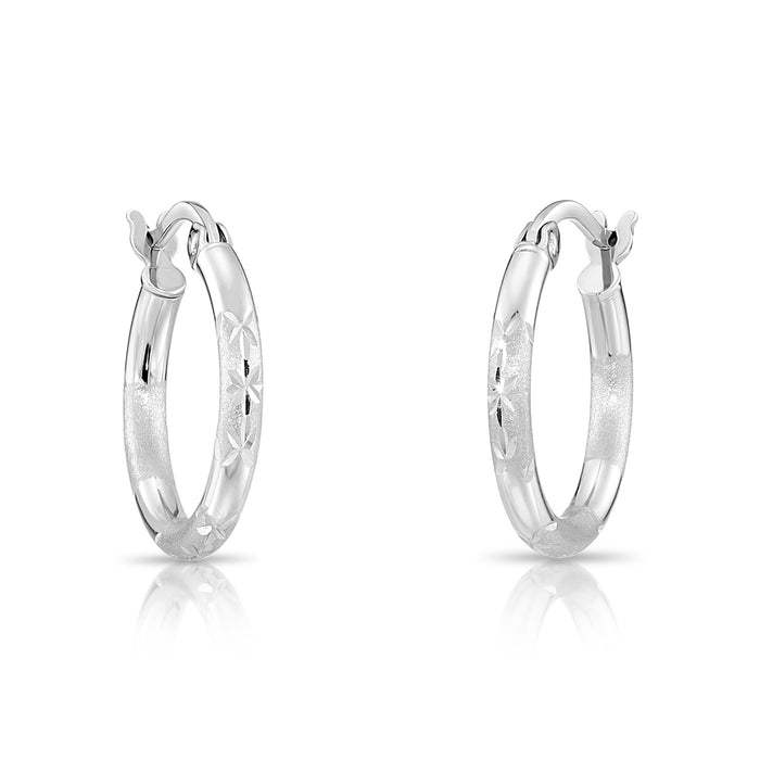 925 Sterling Silver Fancy Flower Diamond Cut Hoop Earrings