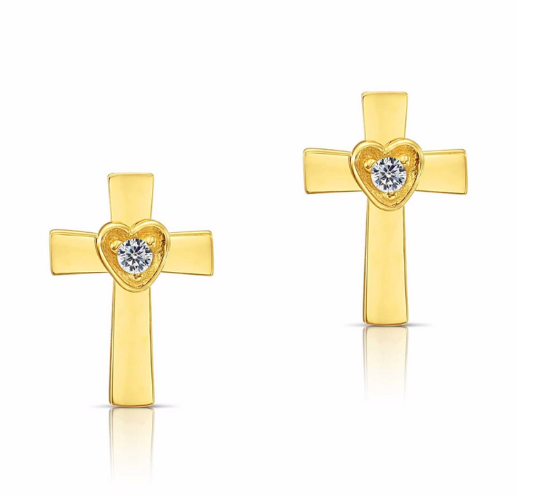 10k Yellow Gold Cross & Heart Stud Earrings