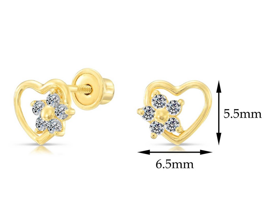 10k Yellow Gold Heart & Flower Stud Earring