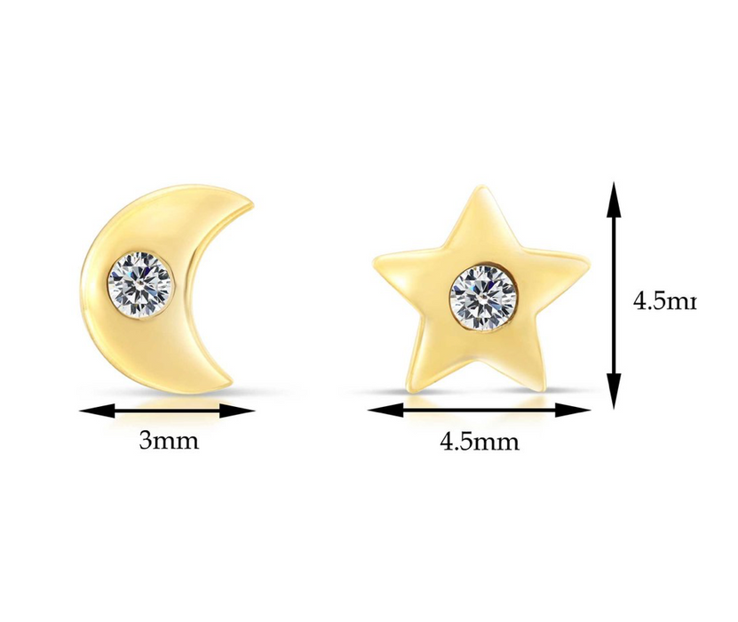 10k Yellow Gold Star and Moon Stud Earrings