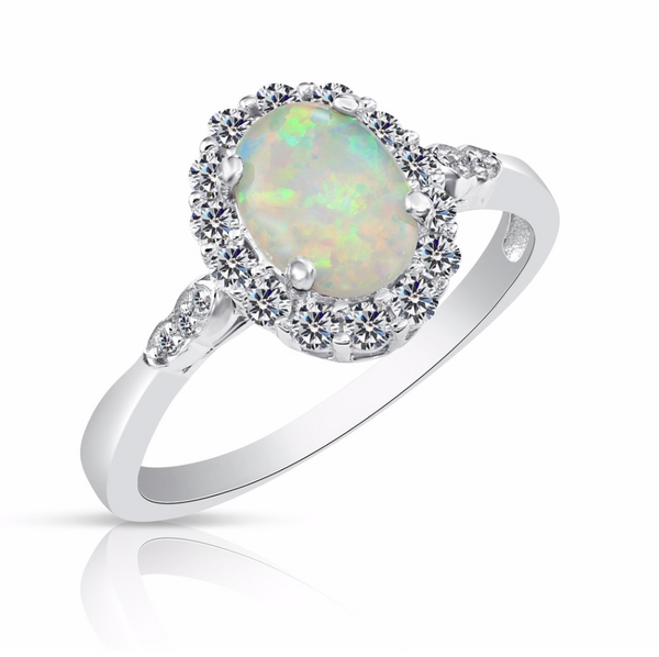 Sterling Silver Cubic Zirconia Halo Fire Opal Birthstone Ring NY12707