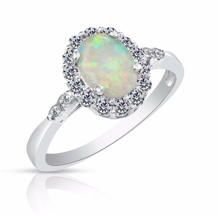 Sterling Silver Oval Halo Fire Opal CZ Ring NY12707