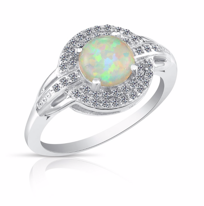 Sterling Silver Round Halo Fire Opal CZ Ring NY12709