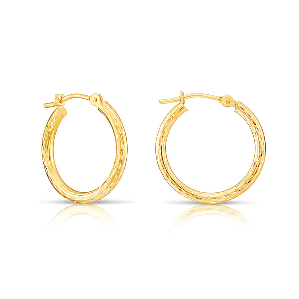 14k Yellow Gold Diamond-Cut Engraved Hoop Earrings