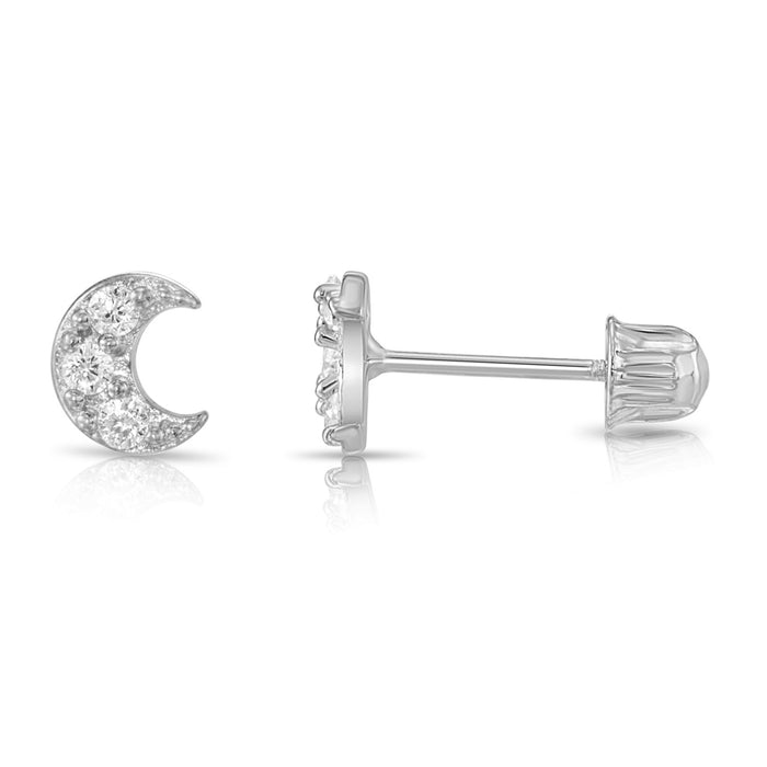 14k Gold Cresent Moon CZ Stud Earrings