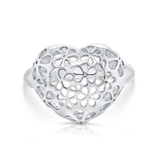 Sterling Silver Floral Design Heart Ring