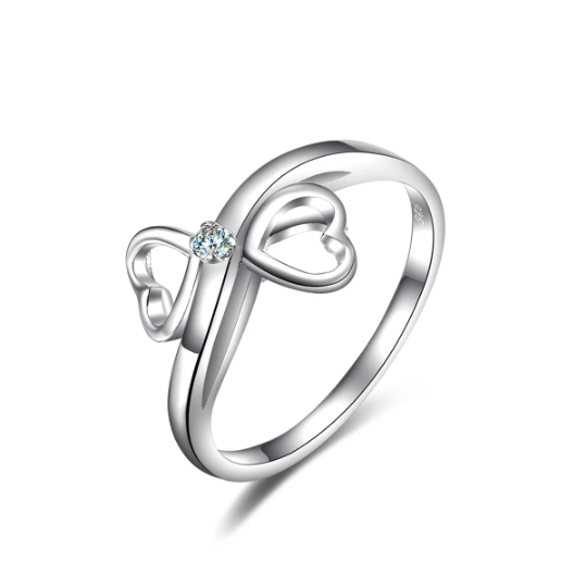 Sterling Silver Double Open Heart Cubic Zirconia Ring