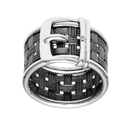 Sterling Silver Two-Tone Grey Intertwined Design Belt Buckle Ring